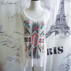 White Tank Top Tribal Print Fringe - Size S